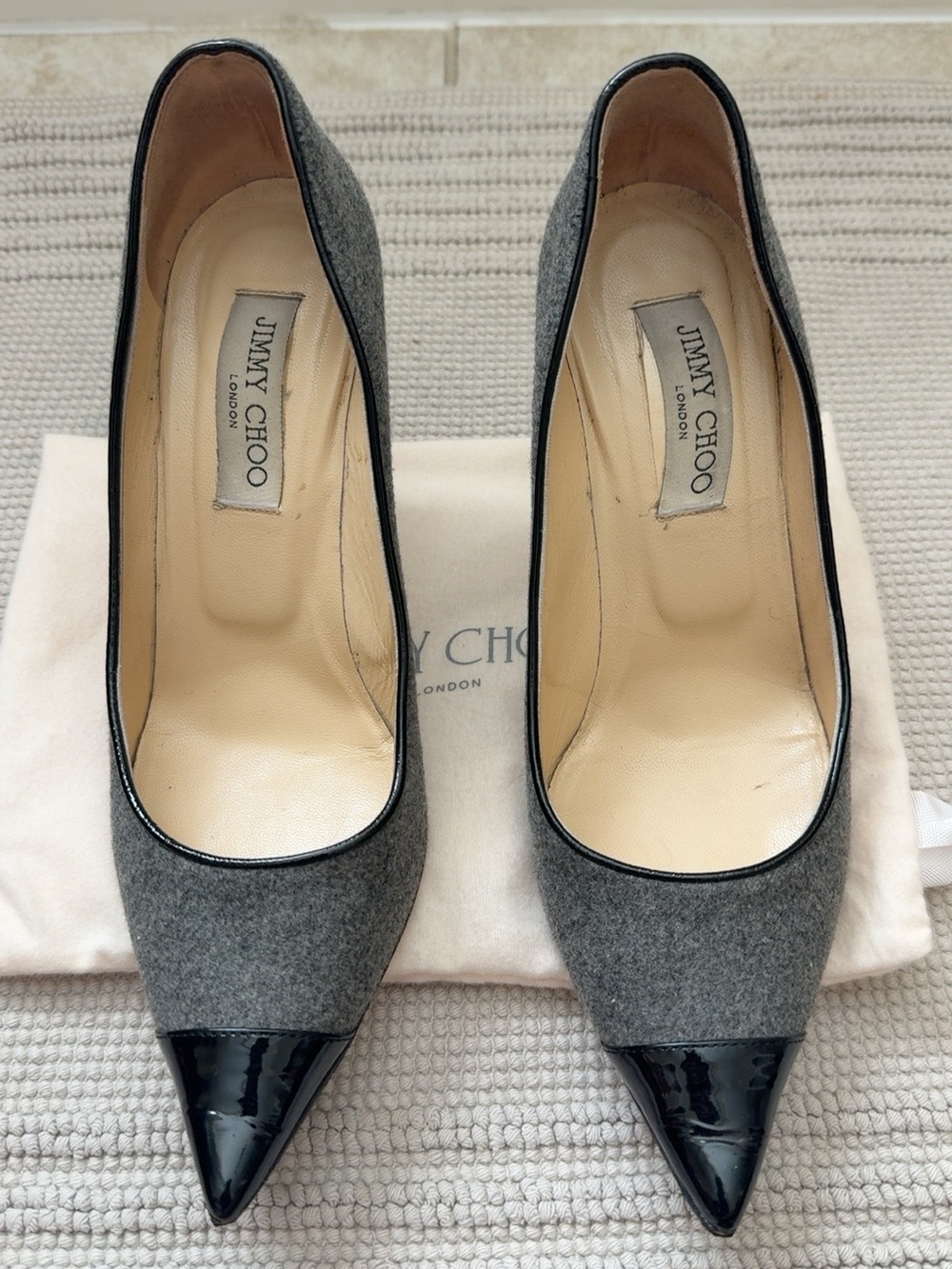 Jimmy Choo Gray & Black Patent Cap Toe Pointed Pumps Heels Size 39